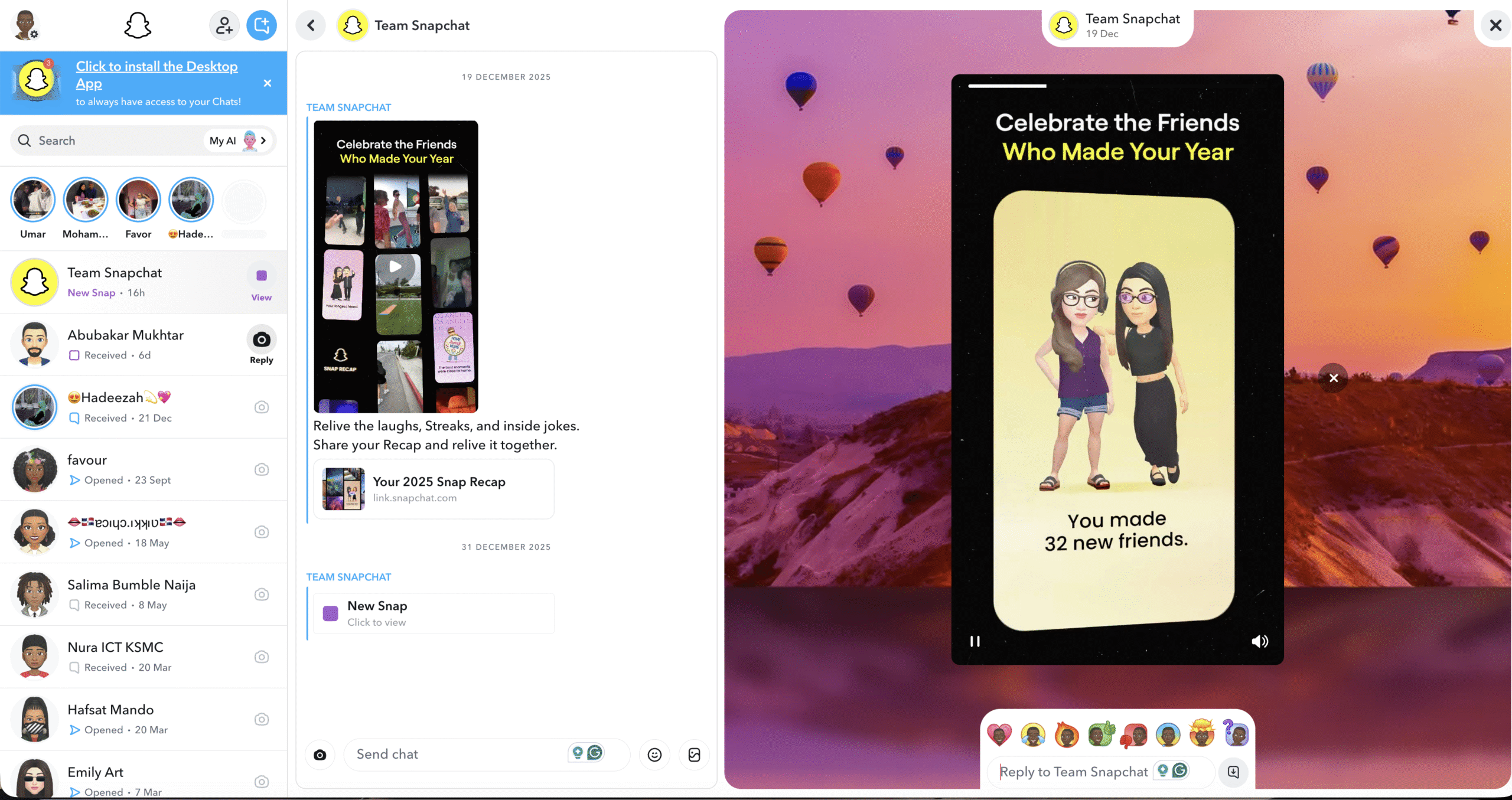 Desktop screen recording active while viewing Snapchat Web