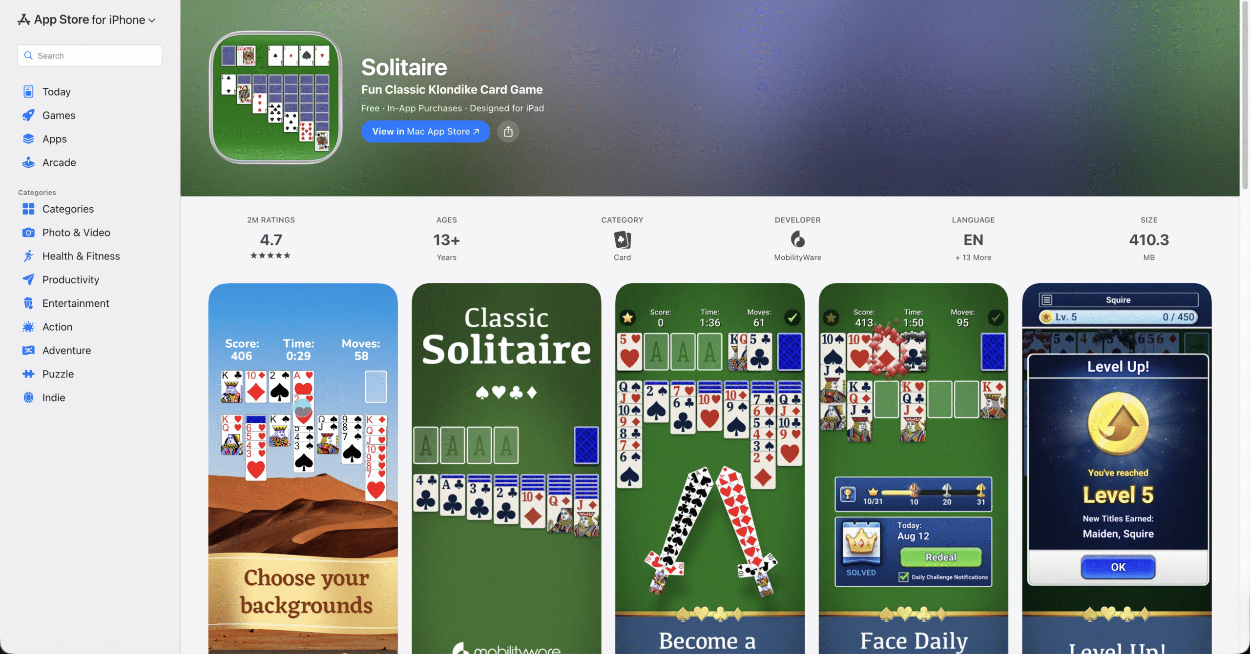 Solitaire page in app store