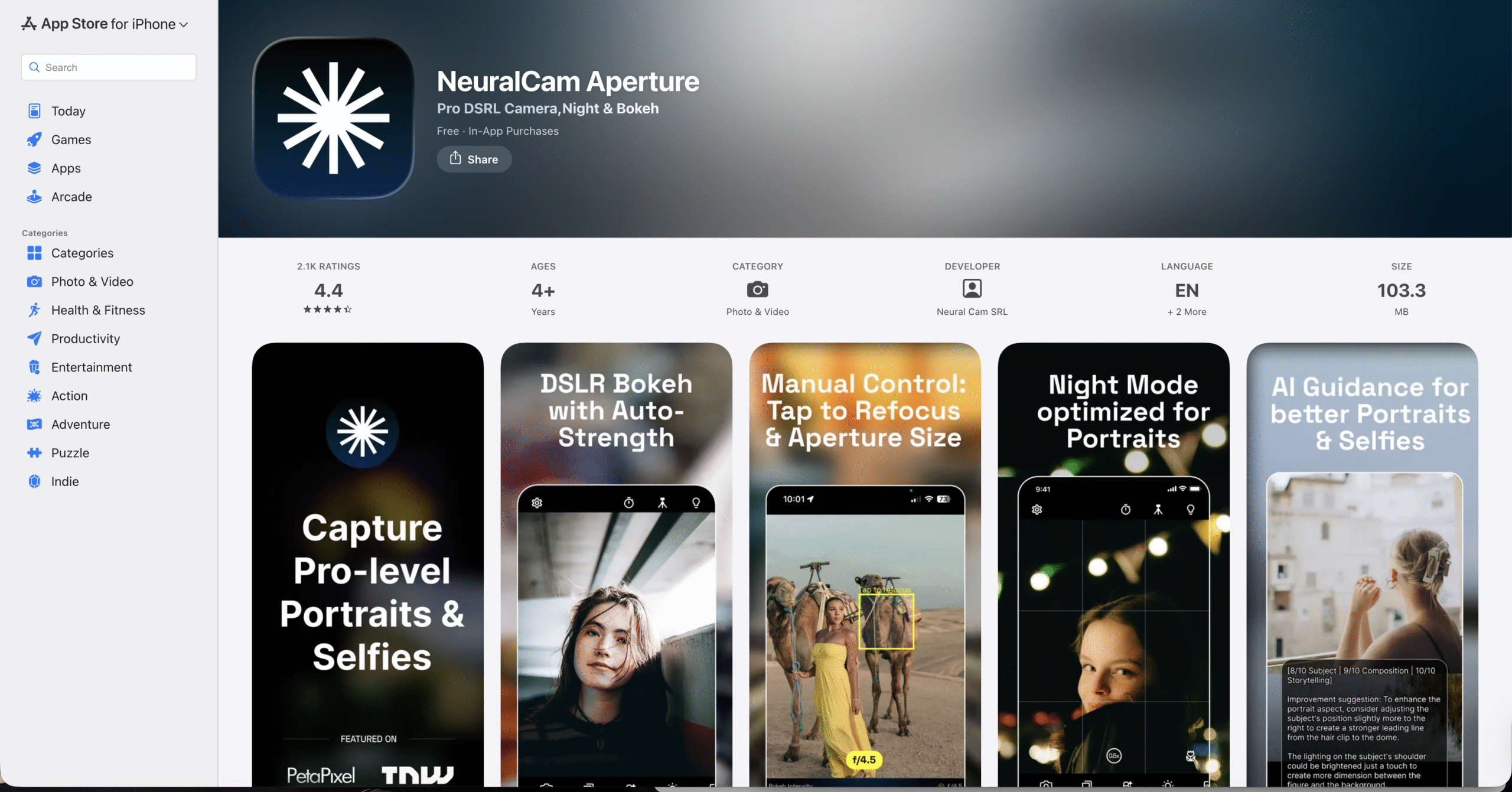 NeuralCam Night Mode Camera ios page