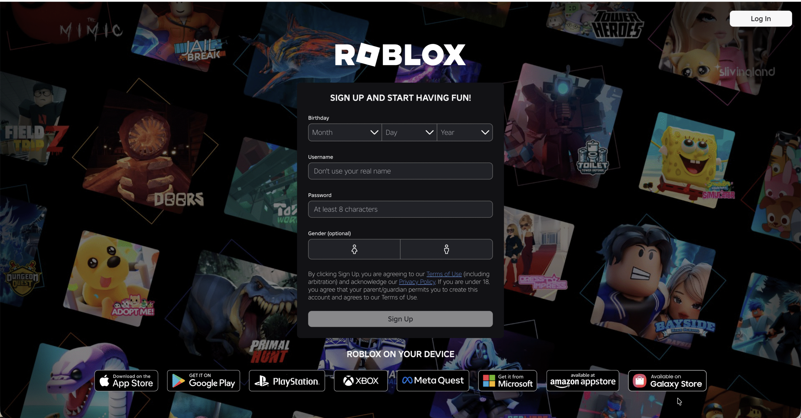 Roblox Fisch sign up page