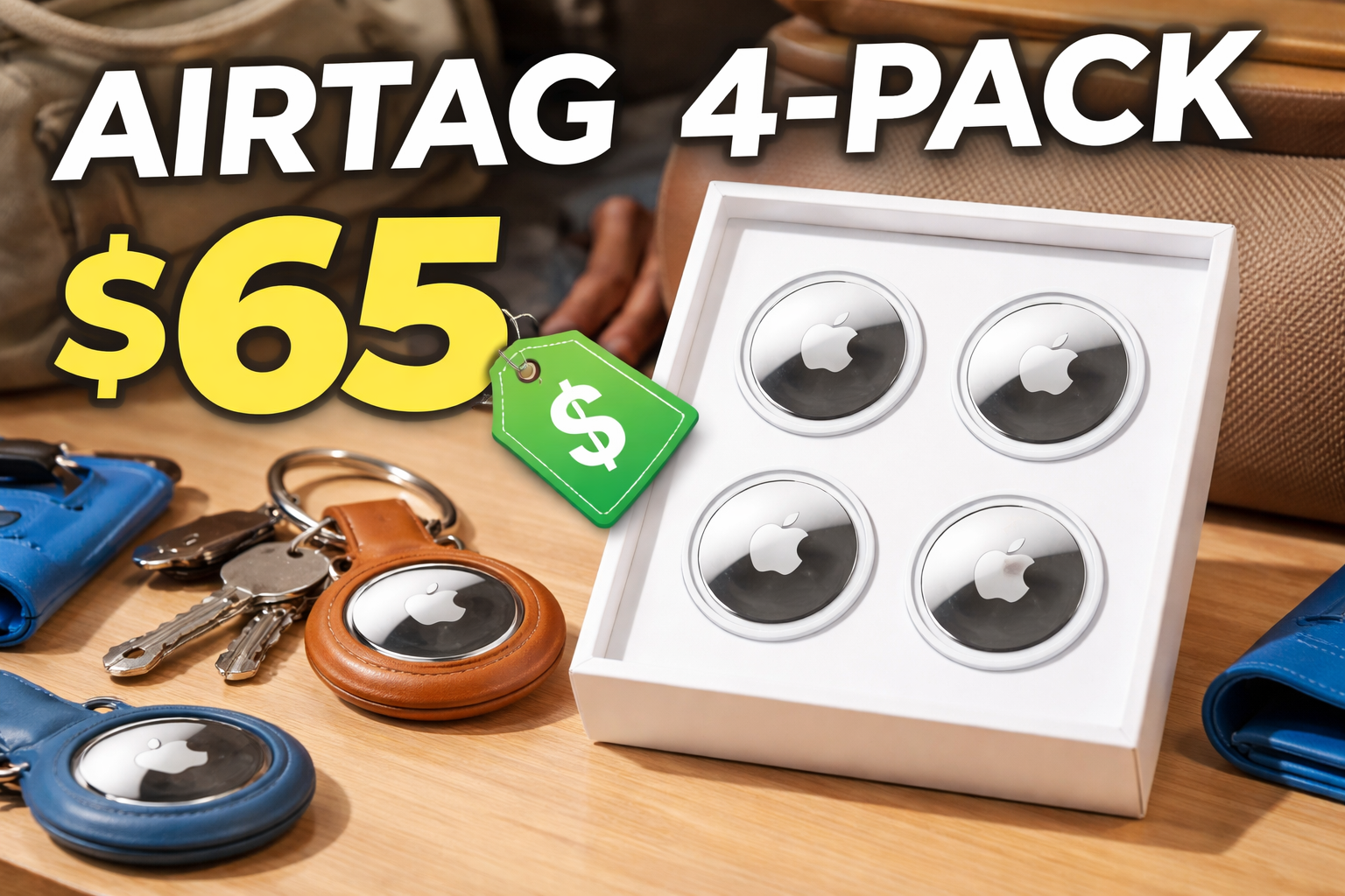 Apple AirTags four-pack displayed with leather keychains and travel accessories, highlighting a $65 near record-low deal price.
