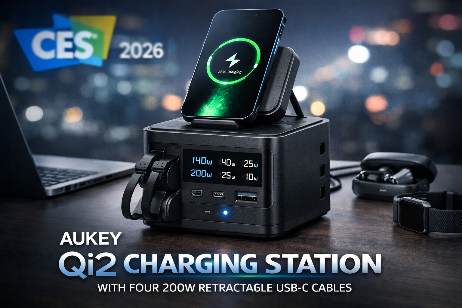 Aukey Launches Qi2 Charging Station With Four 200W Retractable USB-C Cables