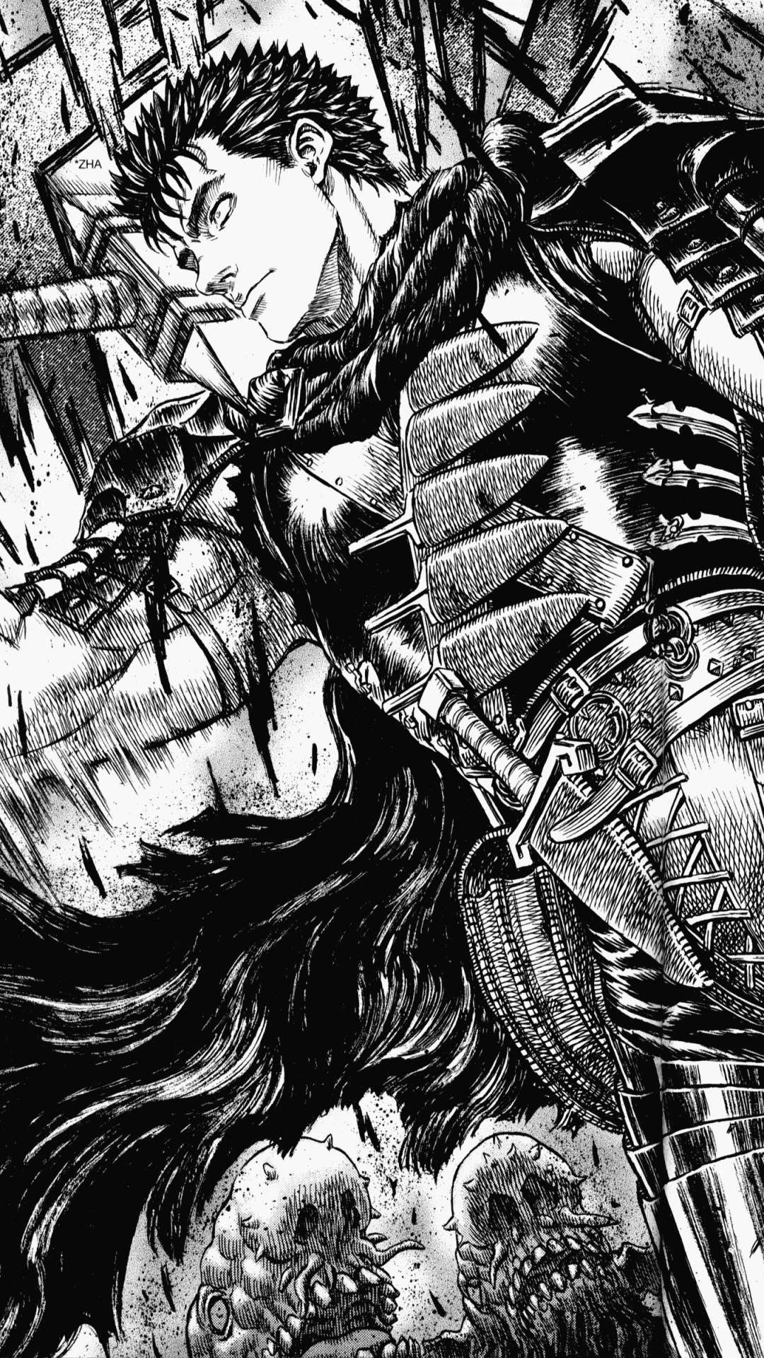 Black and white Berserk manga-style wallpaper on iPhone
