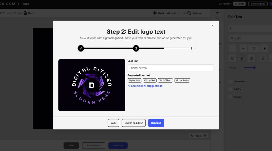 Edit logo text in Design.com