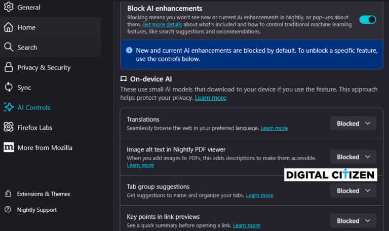 Firefox tests AI Controls to block AI Features