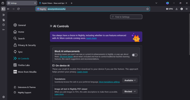 Firefox tests AI Controls to block AI Features