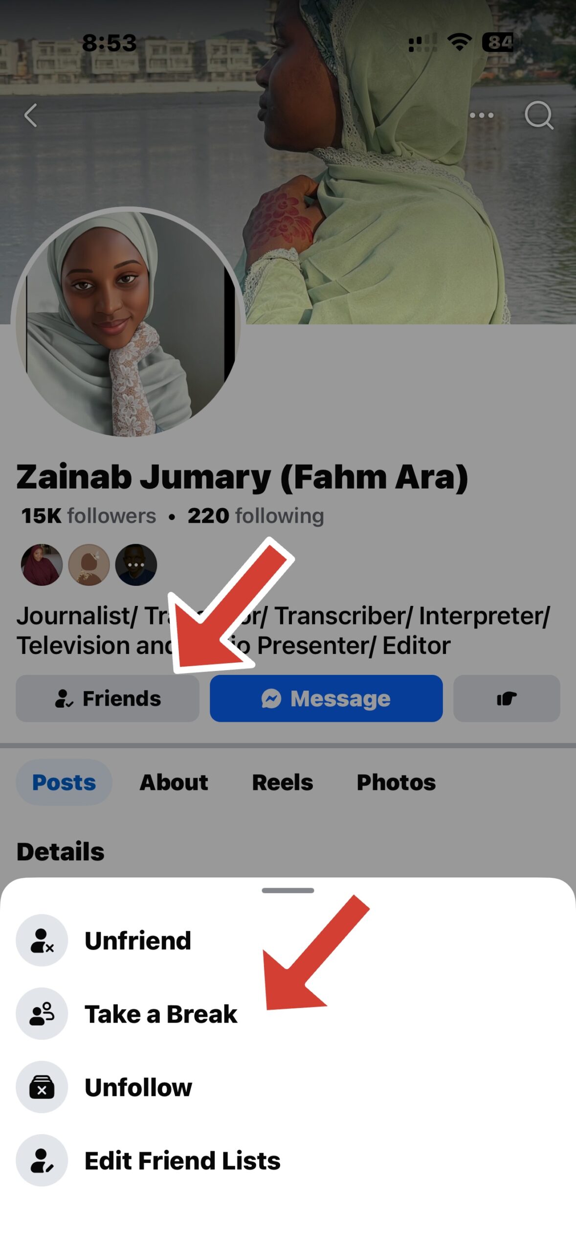 Facebook profile page showing the Take A Break option in the Friends menu