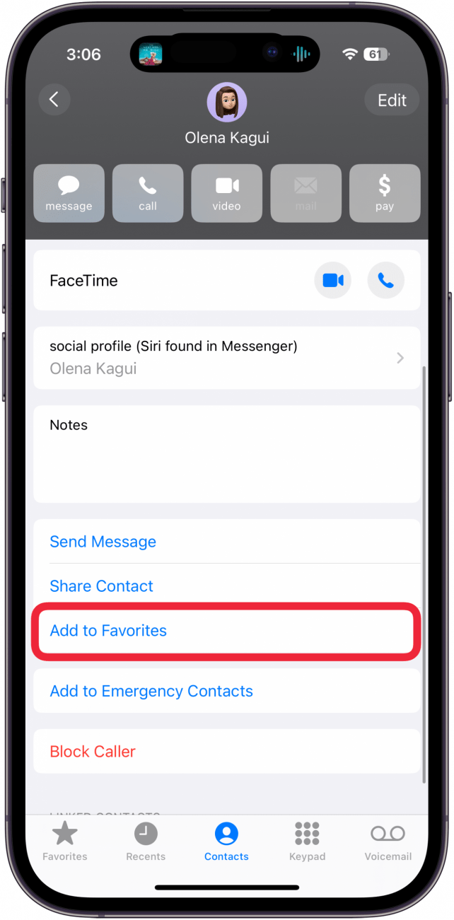 Favorites tab open in the iPhone Phone app