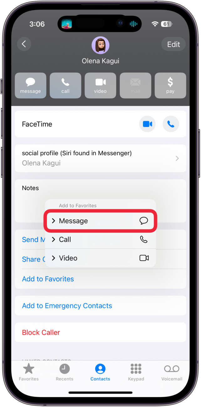 Selecting a contact method when adding a Favorite contact
