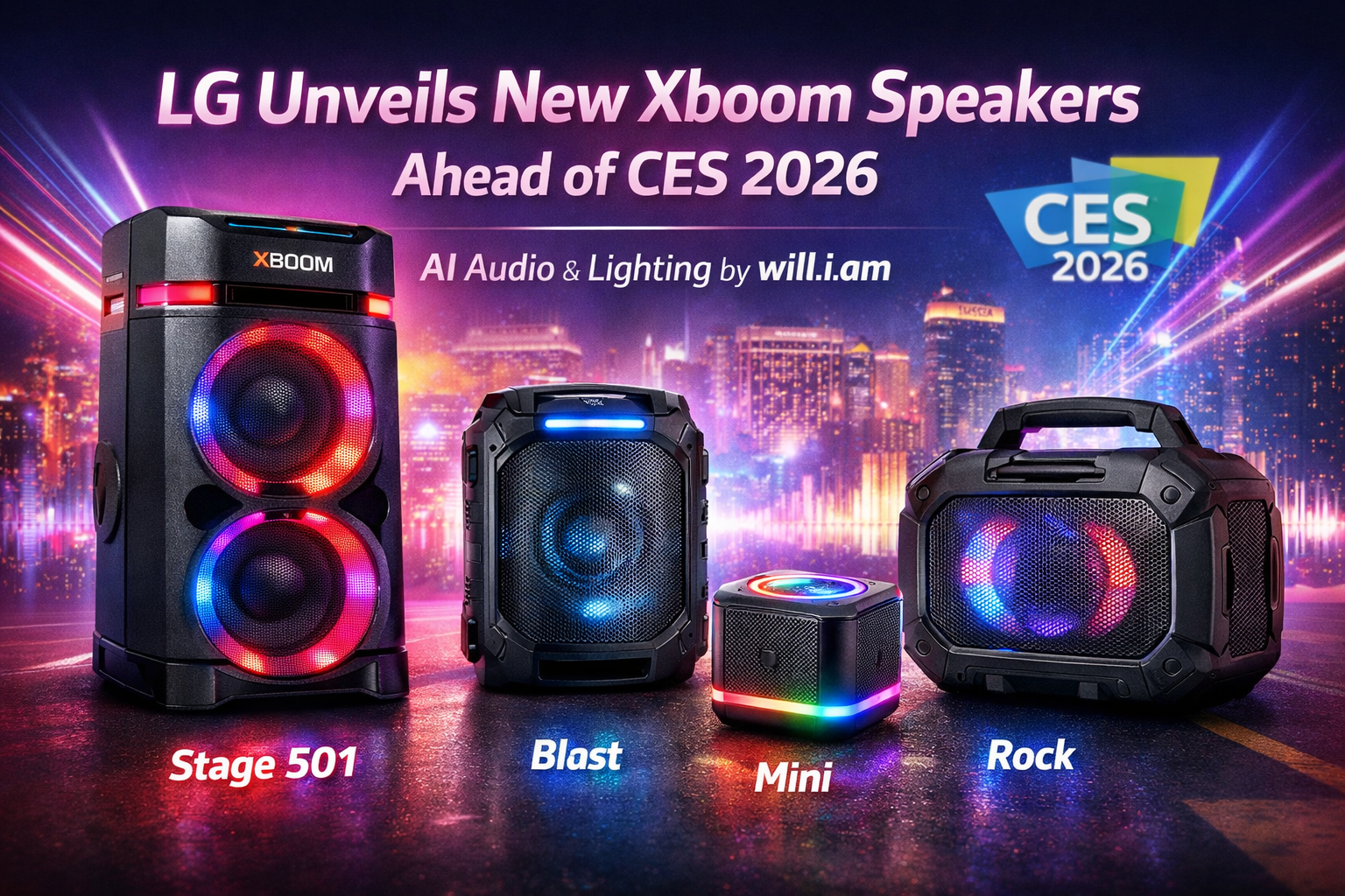 LG’s new Xboom speaker lineup featuring Stage 501, Blast, Mini, and Rock with AI-powered audio and colorful lighting showcased ahead of CES 2026.