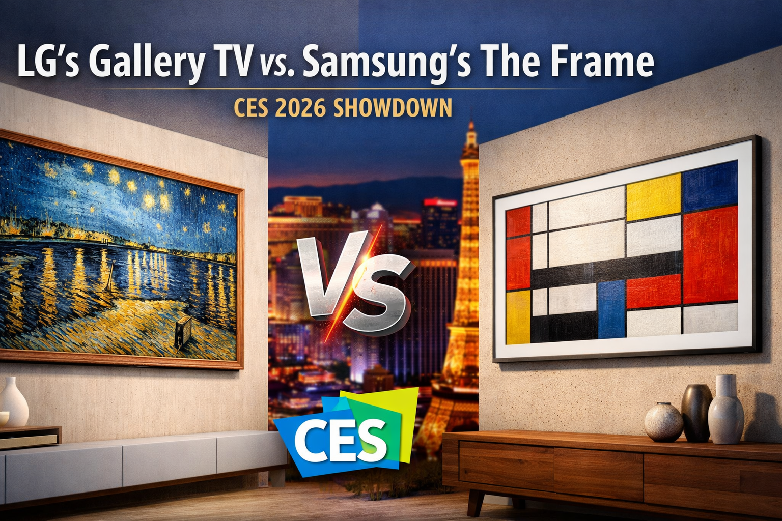 Side-by-side comparison image of LG’s Gallery TV and Samsung’s The Frame at CES 2026, highlighting art-style TVs designed to blend into home décor.