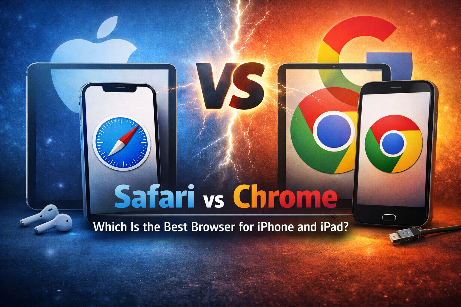 Safari vs Chrome comparison image showing iPhone and iPad devices side by side, highlighting Apple Safari and Google Chrome browsers on iOS.