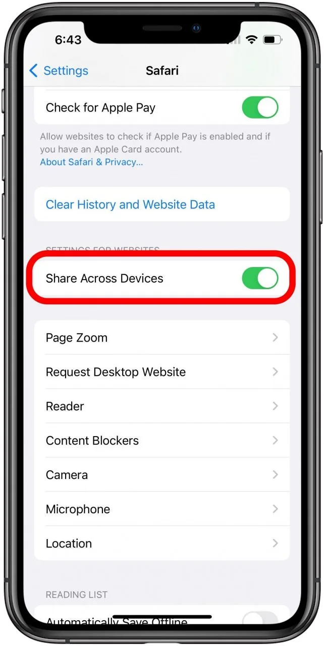 settings enabled to share across devices