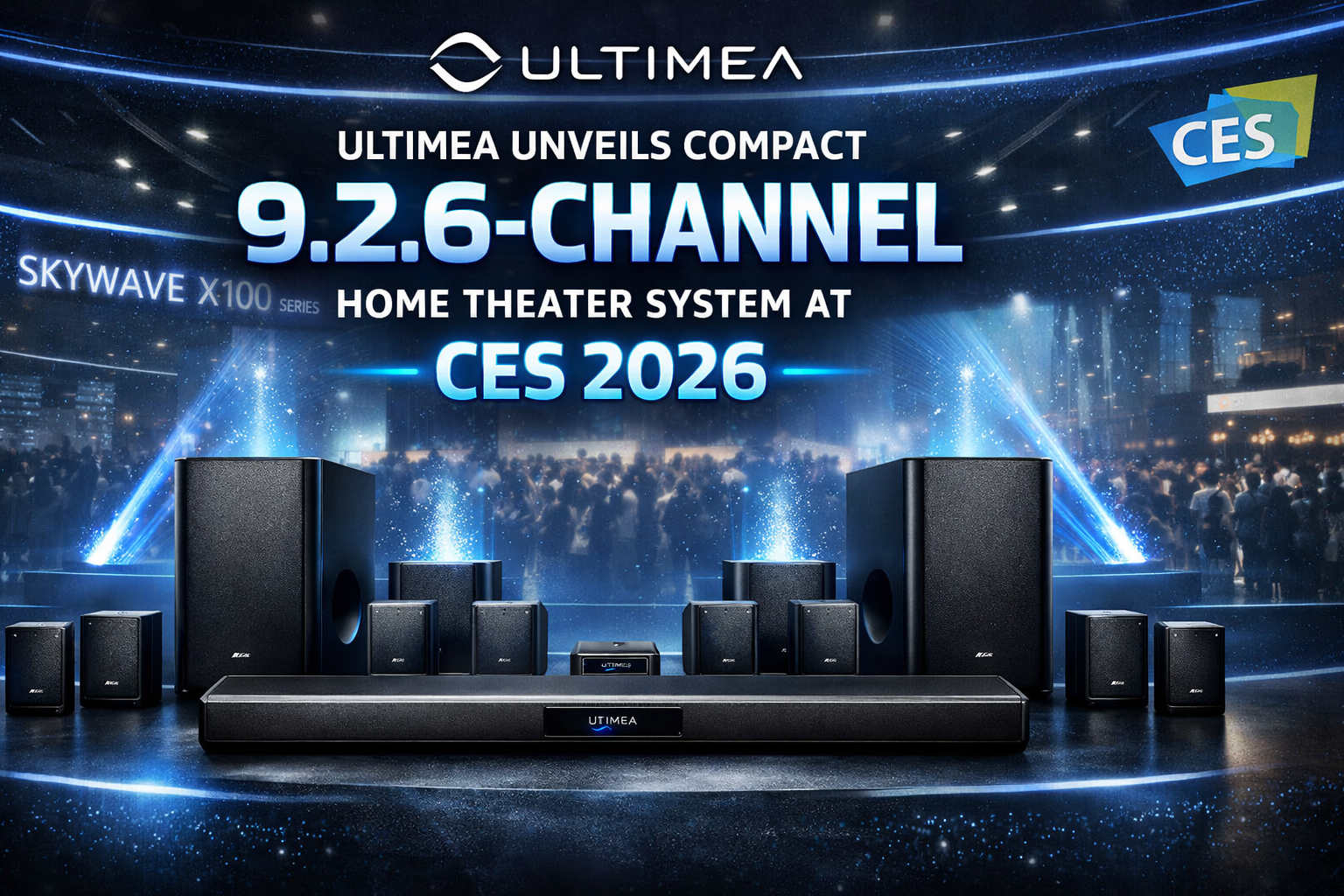 Ultimea Skywave X100 compact 9.2.6-channel home theater system showcased at CES 2026 with dual subwoofers and surround speakers