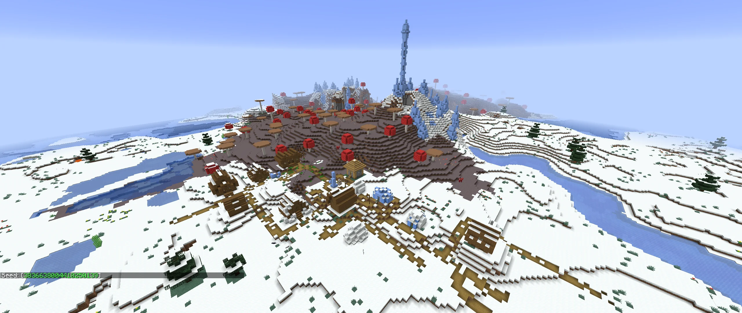 Player spawning in a snowy plains biome near water after loading a new seed