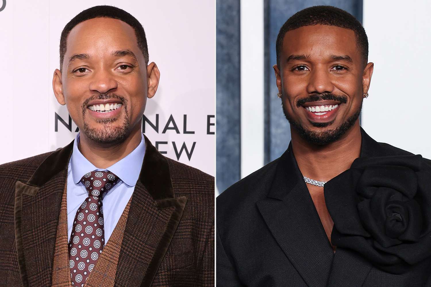 Michael B. Jordan and will smith in a dramatic studio portrait