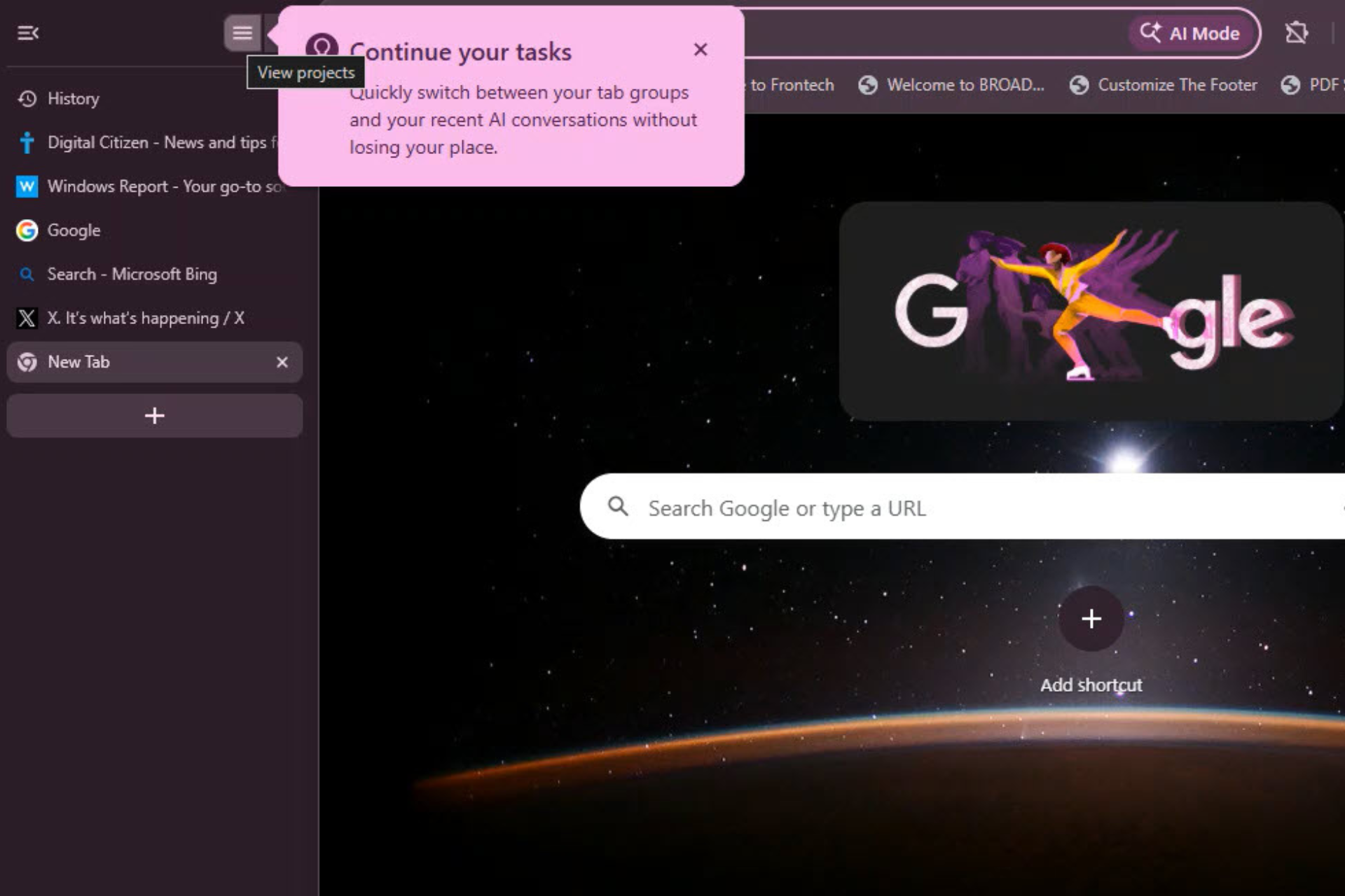Chrome tests Projects panel in vertical tabs for tasks and AI chats