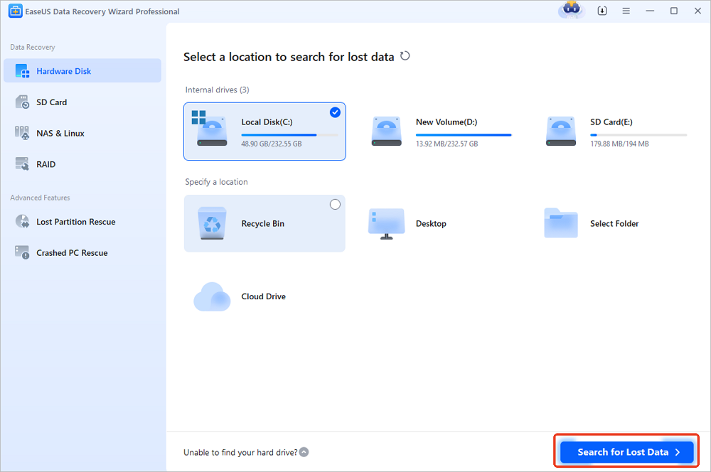 Choose drive to search for lost data