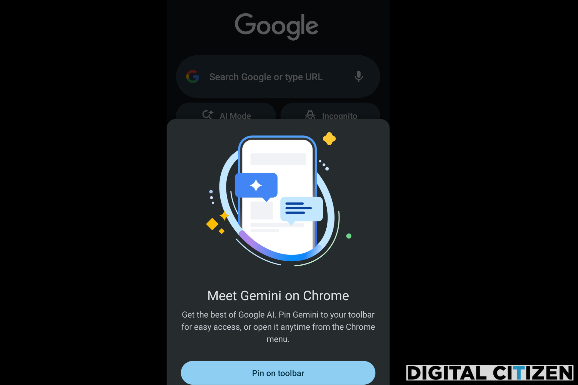 Chrome on Android now asks you to pin Gemini to the toolbar