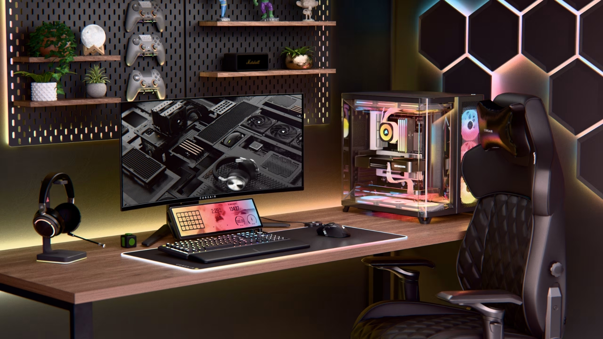 Corsair adds new gaming chair, RGB fans, LCD screen, and wood case panels to its setup lineup
