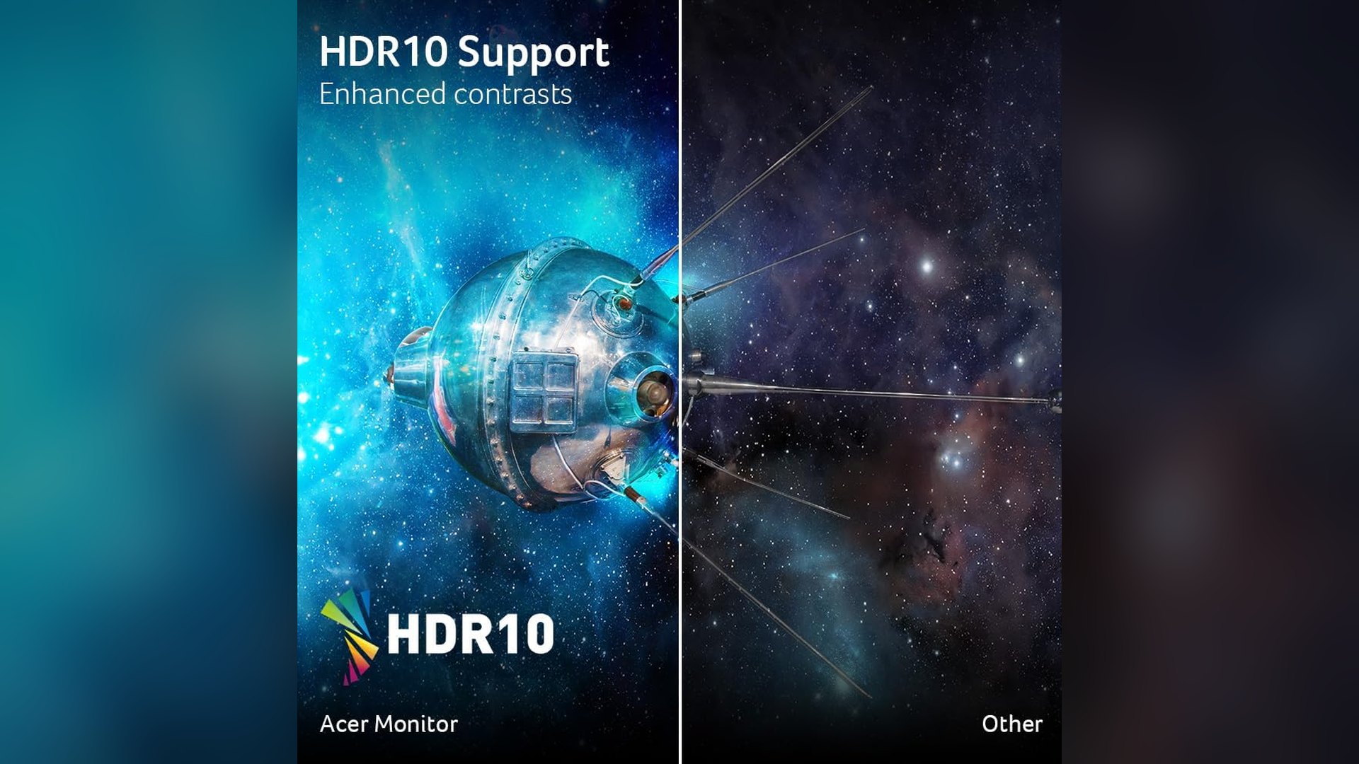 Split-screen graphic comparing HDR10 contrast on the Acer monitor with another display