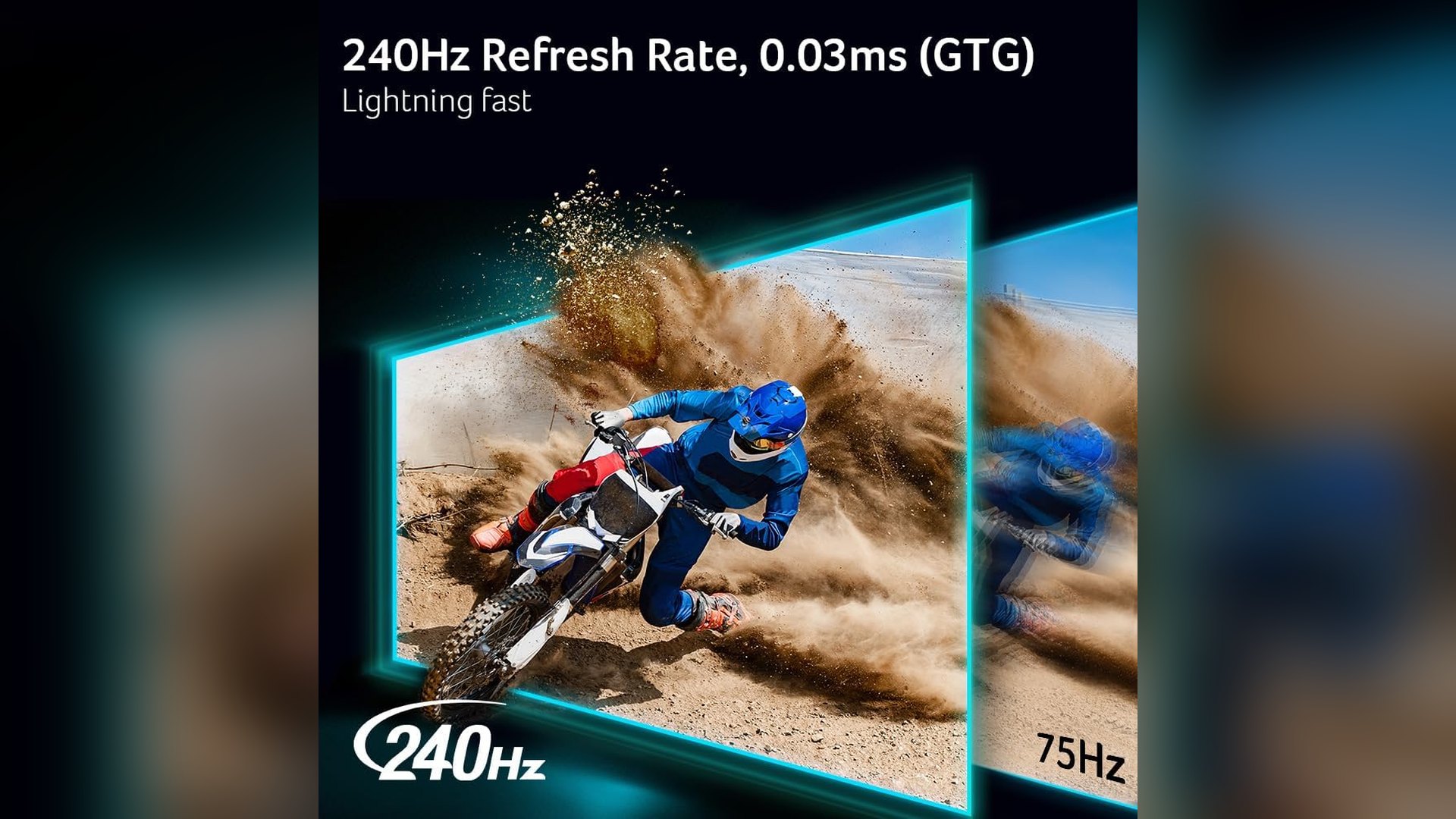 Motocross rider image used to show 240Hz motion clarity versus 75Hz