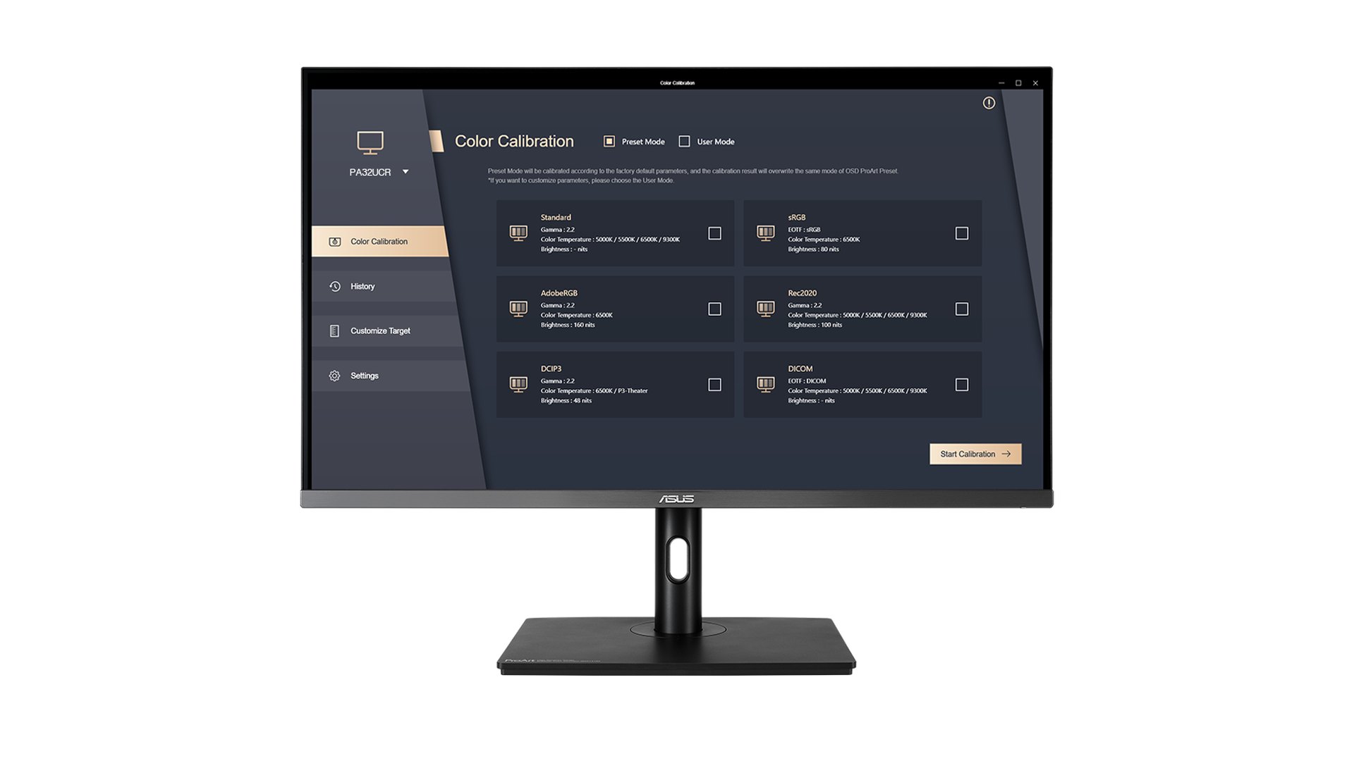 ASUS calibration software window with color-space presets