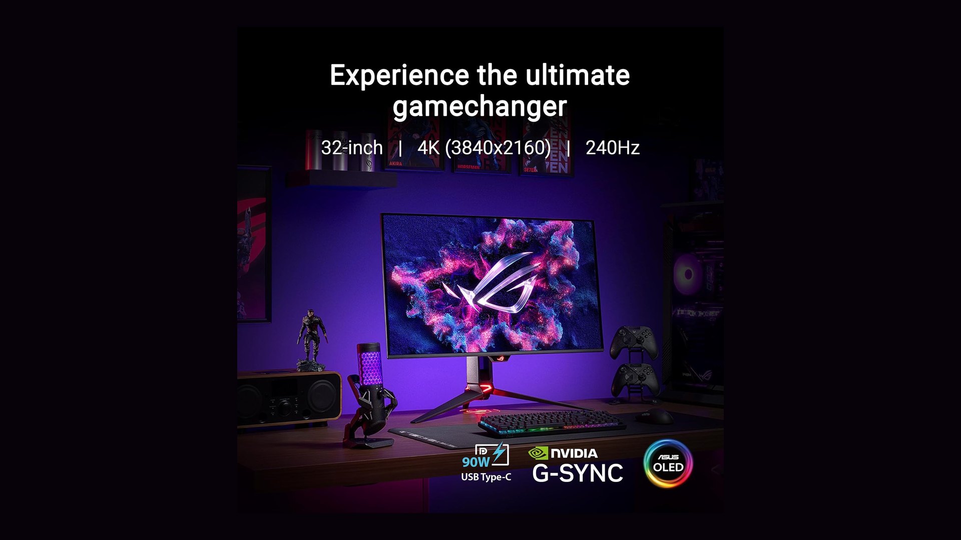 ASUS ROG Swift OLED PG32UCDM on a desk with peripherals and purple lighting
