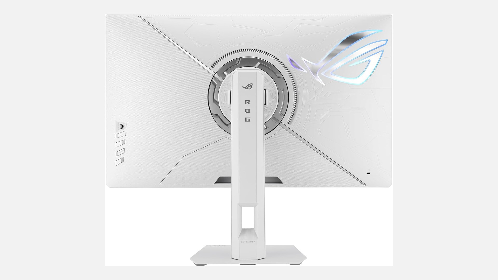 Rear view of the white ASUS ROG Strix XG27UCGR-W monitor and its stand