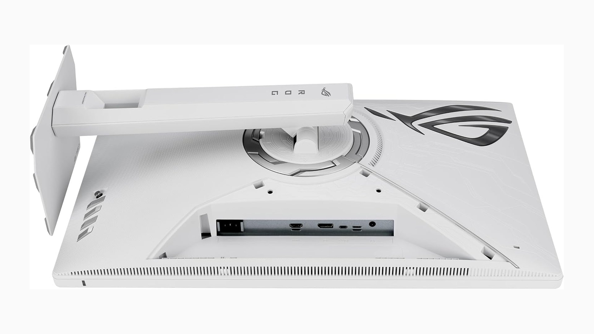 Underside of the ASUS ROG Strix XG27UCGR-W showing its video inputs and headphone jack