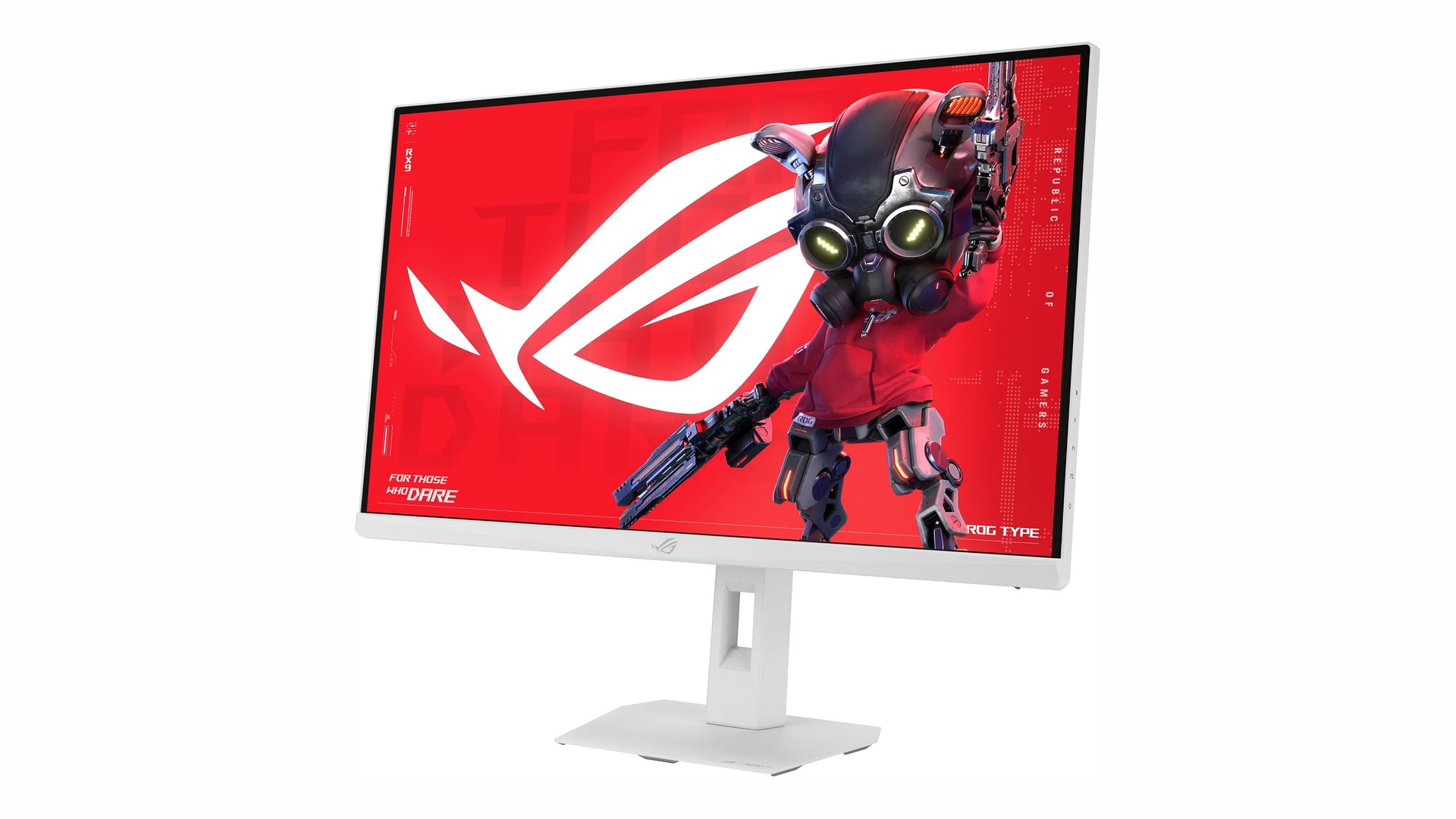 White ASUS ROG Strix XG27UCGR-W 27-inch gaming monitor seen from a three-quarter front angle on its stand