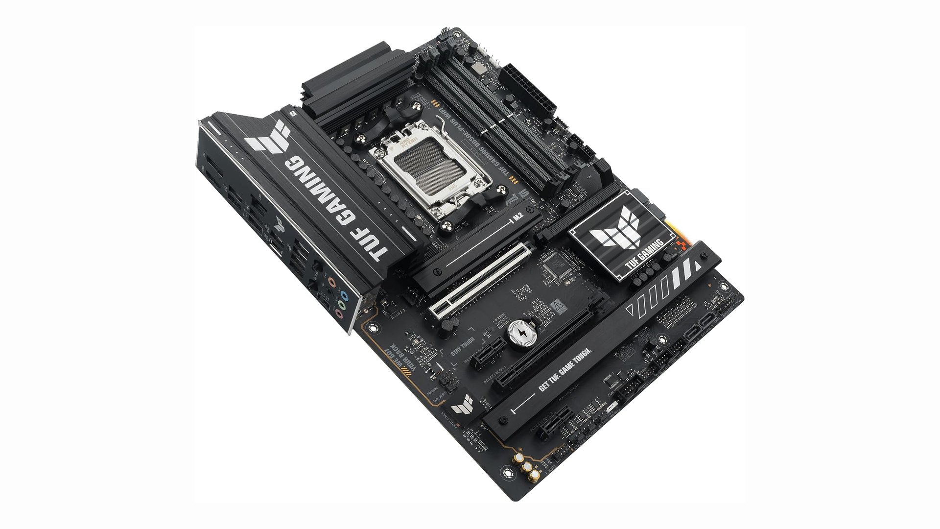 Angled view of the motherboard showing the VRM heatsink and rear I/O shield