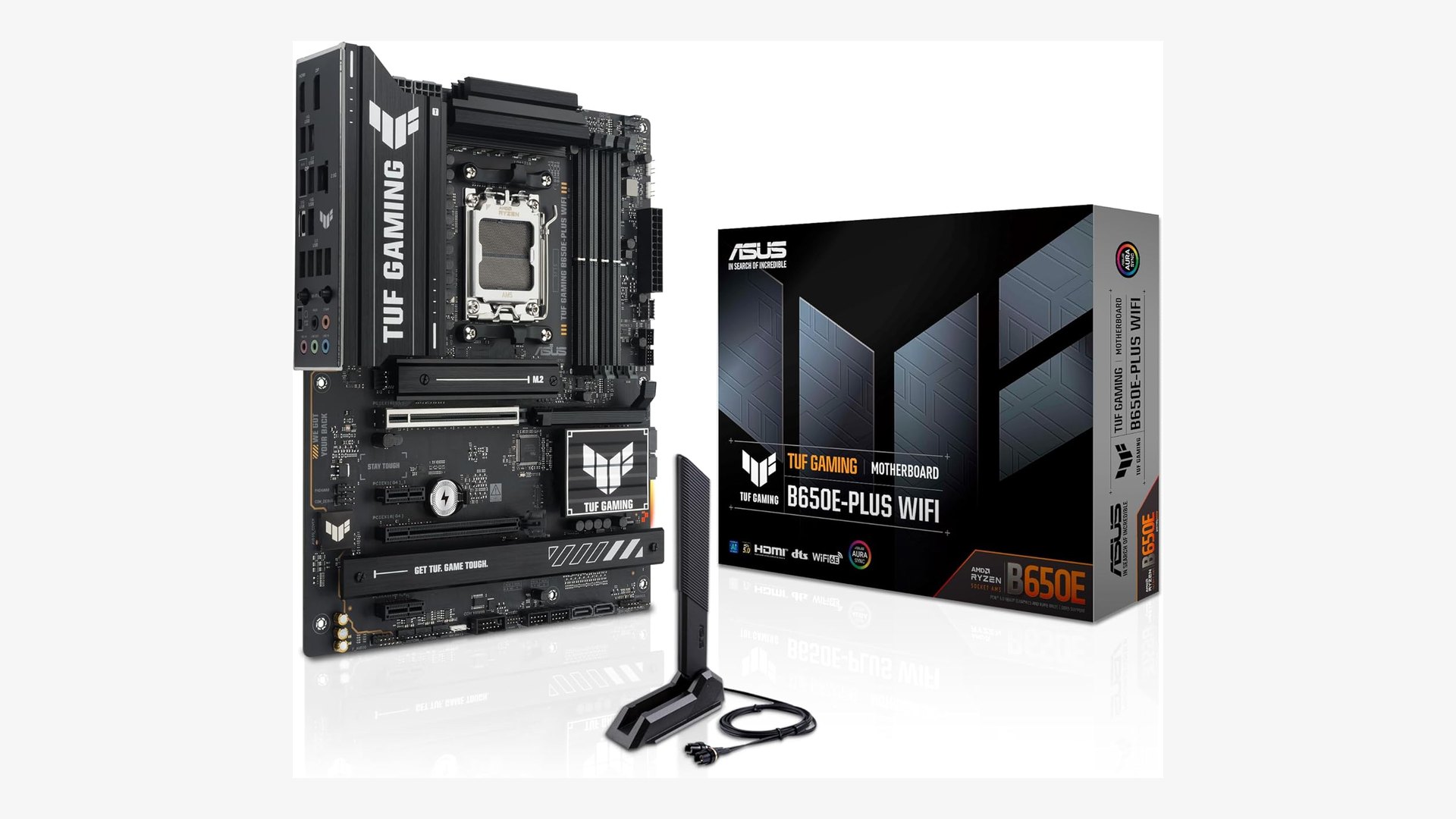 ASUS TUF Gaming B650E-PLUS WiFi motherboard standing beside its retail box and Wi-Fi antenna