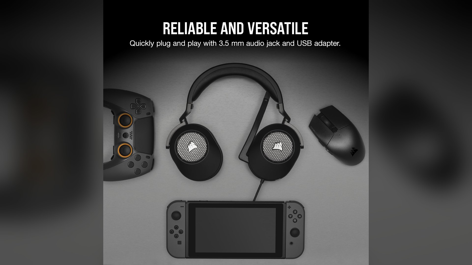 Corsair HS65 Surround headset next to a PS5 controller, mouse and Nintendo Switch