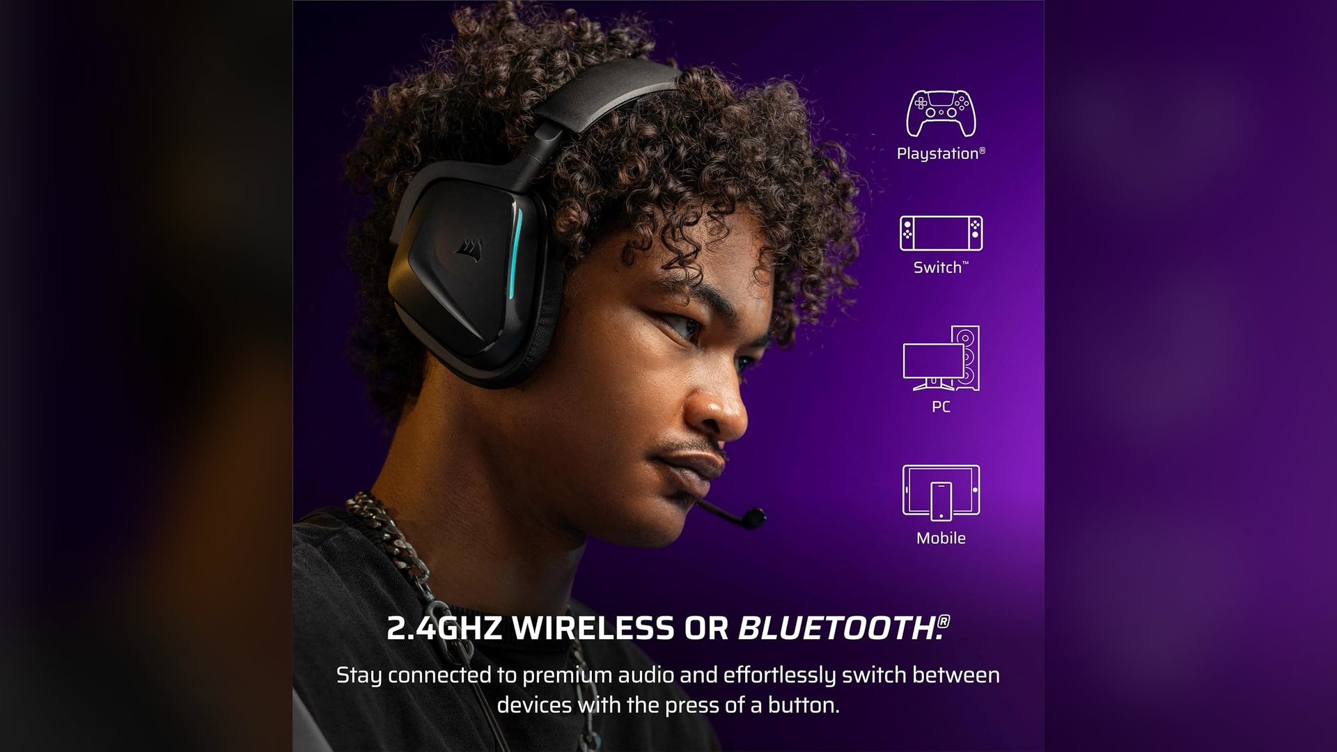 Corsair graphic showing 2.4GHz wireless or Bluetooth with platform icons