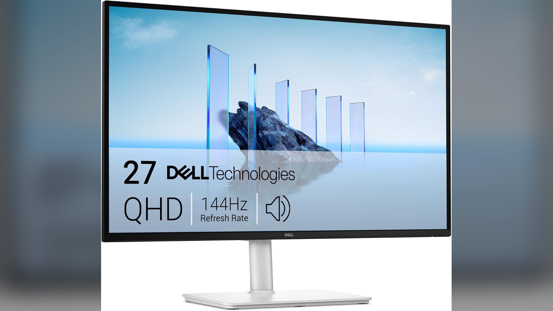 Dell 27 Plus QHD S2725DSM monitor at an angle on a white background with a white stand