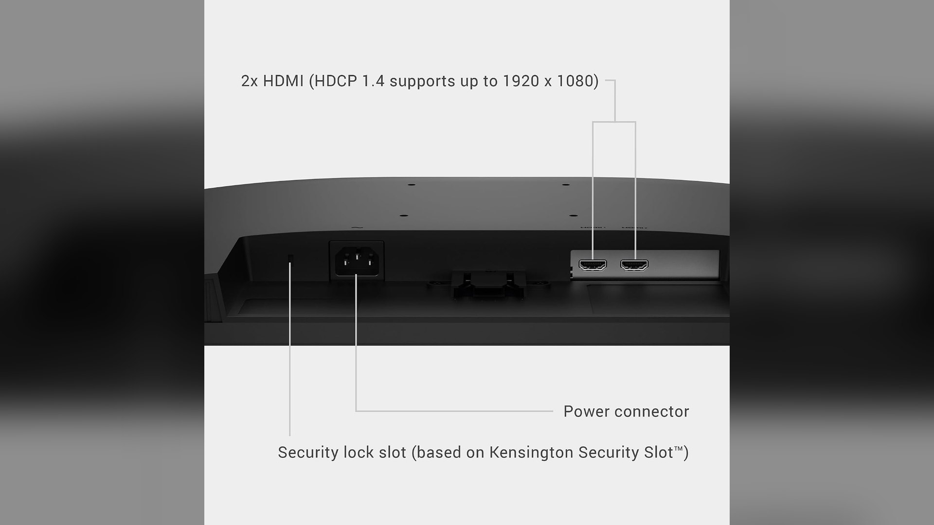 Labelled diagram of the Dell SE2426H underside showing two HDMI ports and the power connector