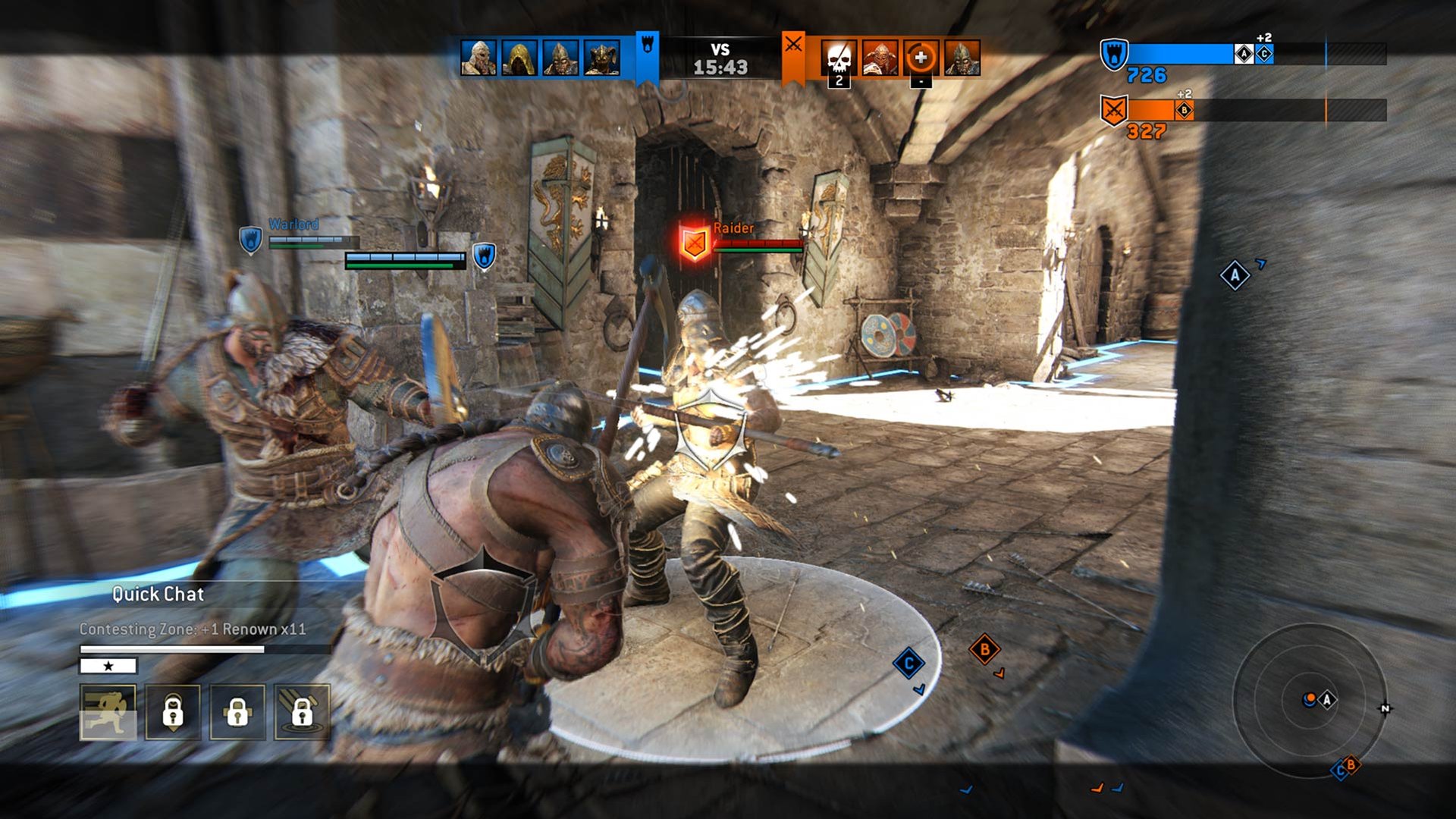 Two armored For Honor heroes trading melee blows near a gate