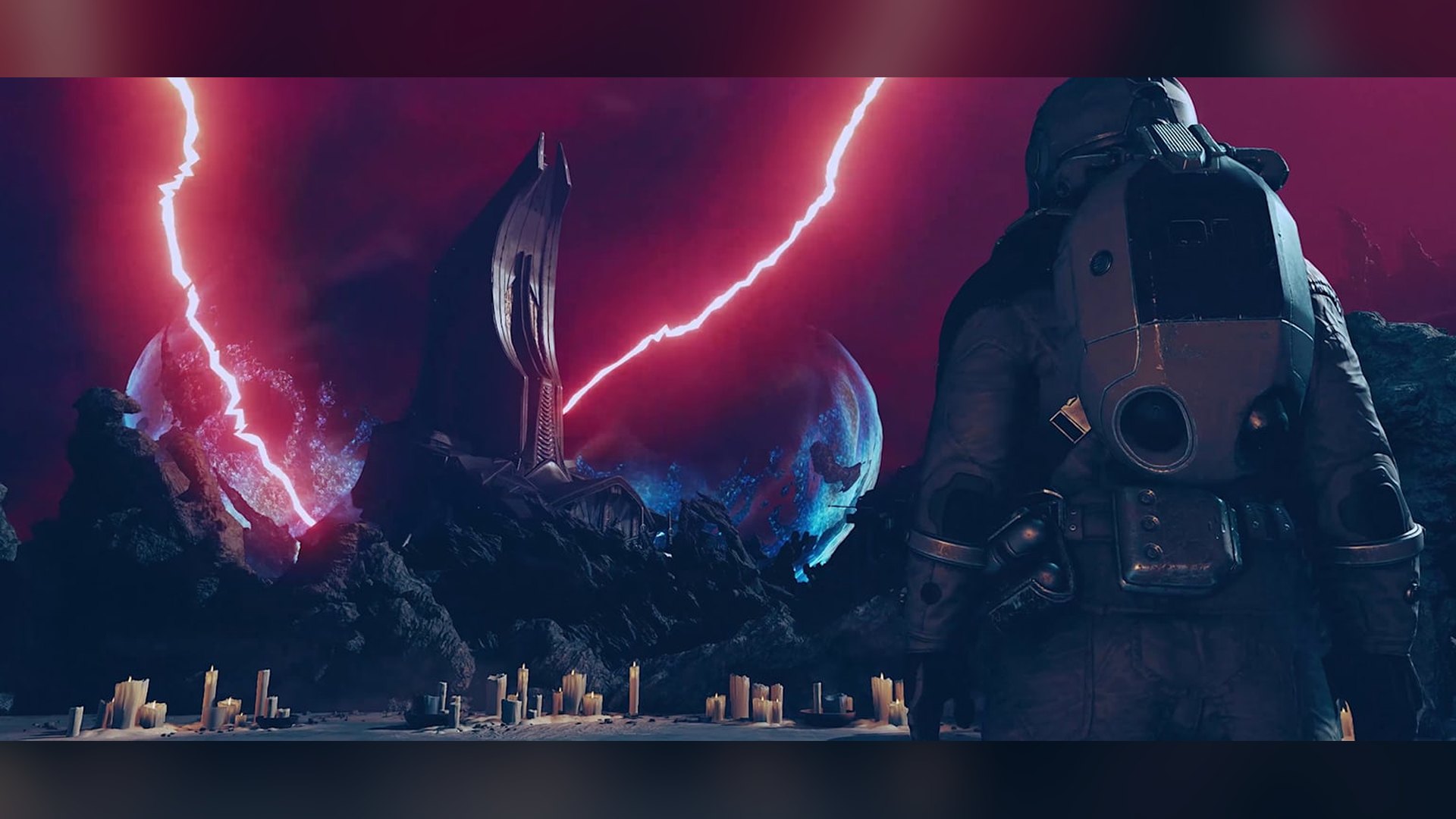 Starfield character standing against the House Va'ruun homeworld in Shattered Space art