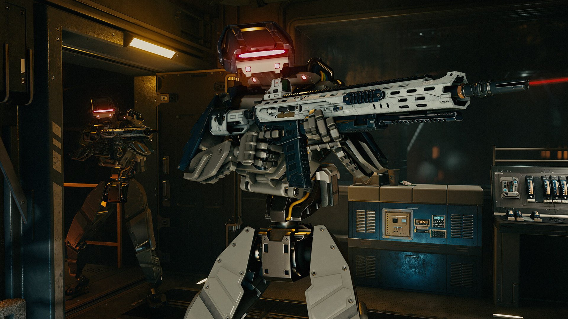 Robotic enemy units advancing across a planet surface in Starfield