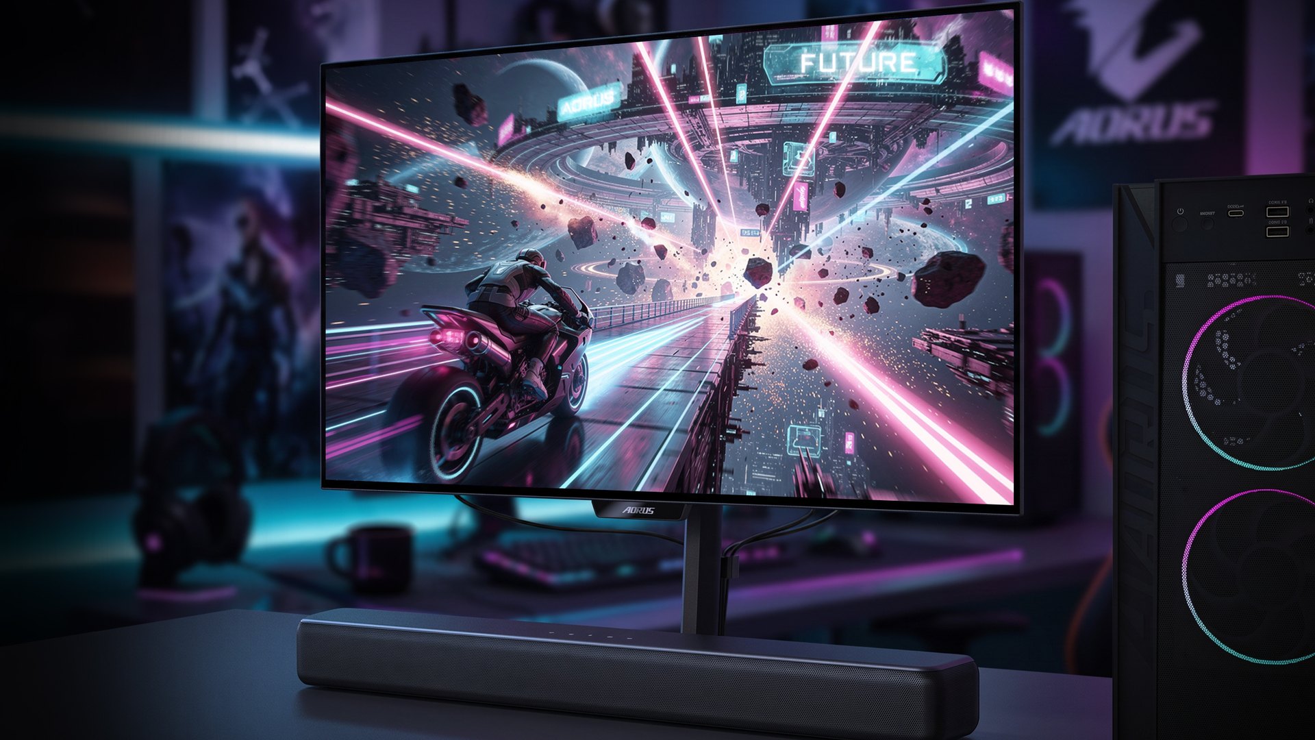 Gigabyte monitor on a desk connected by one HDMI cable to a soundbar