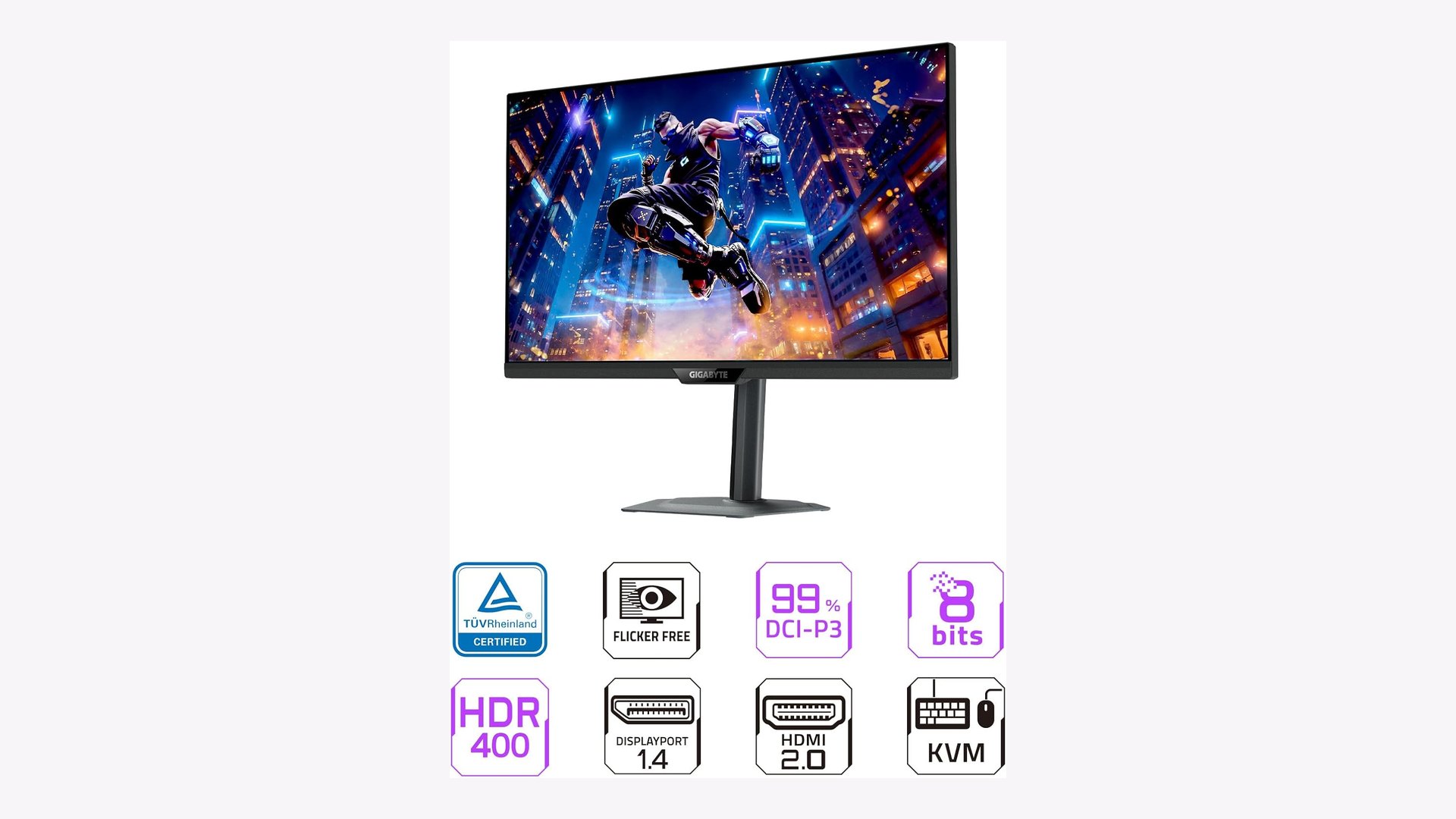 GIGABYTE M27Q2 monitor surrounded by feature and certification badges