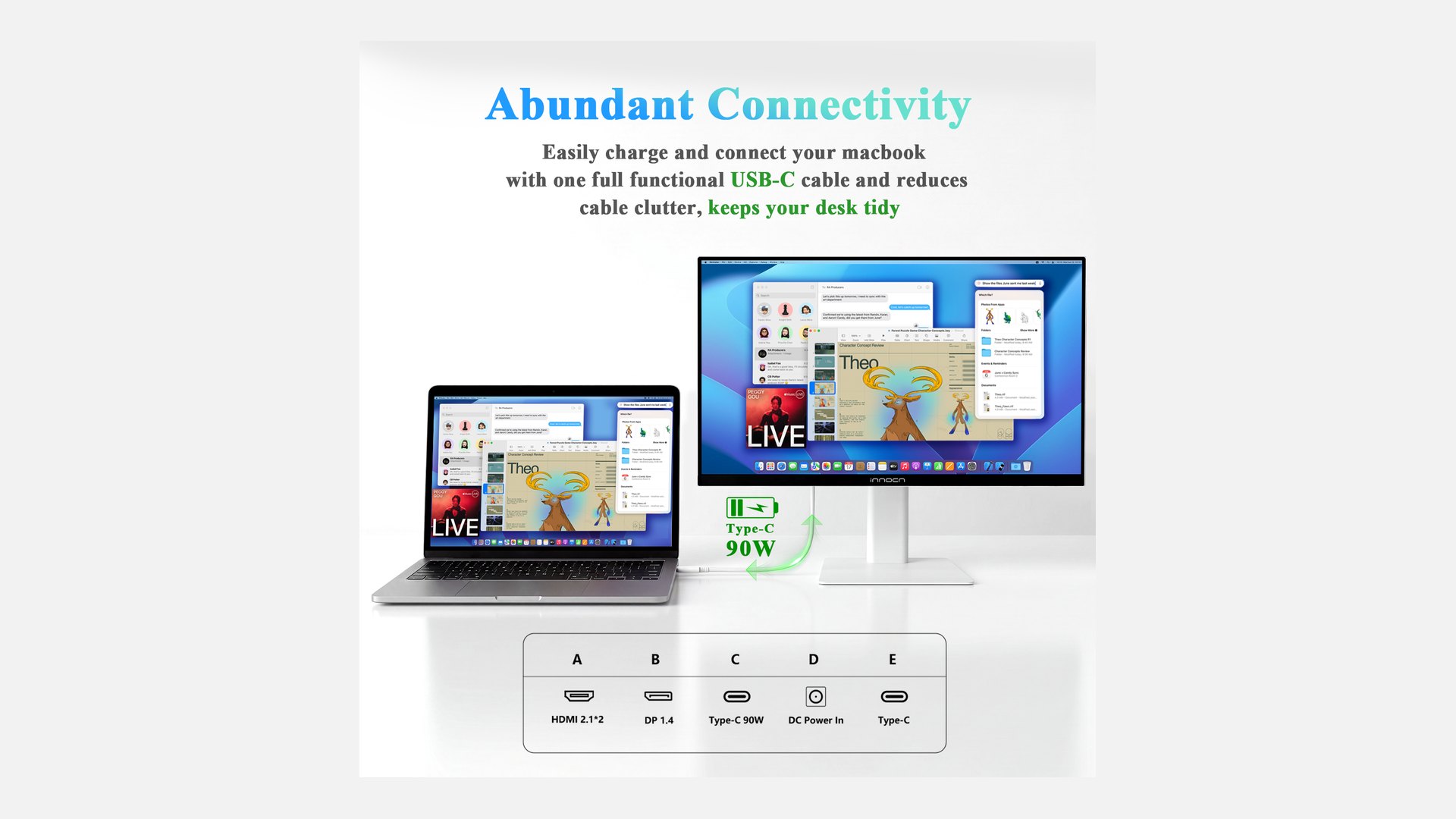 Graphic showing a MacBook connected to the CB27U1 over USB-C and the monitor port row
