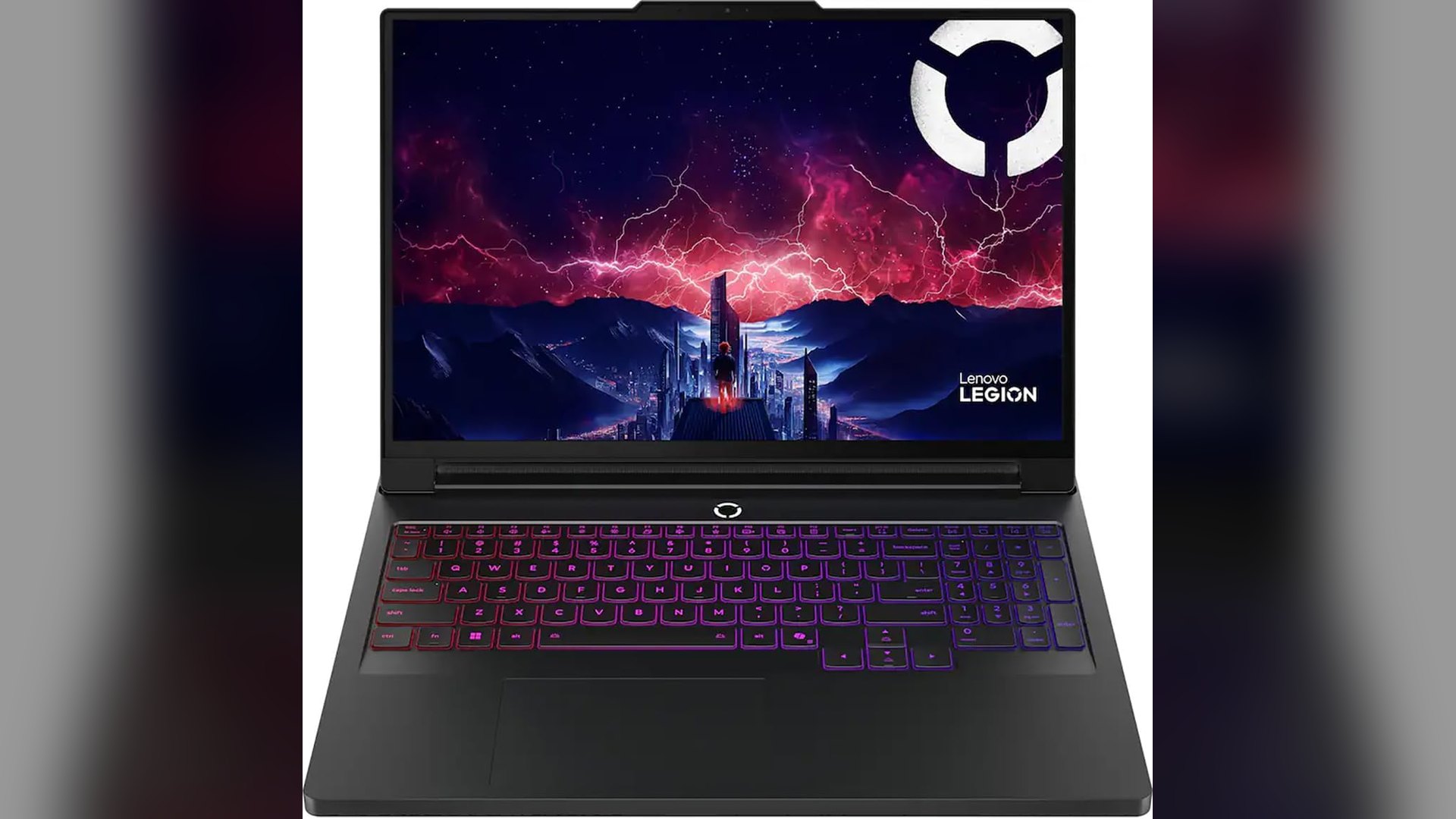 Lenovo Legion Pro 7 gaming laptop open and seen from the front, screen lit with purple keyboard backlighting
