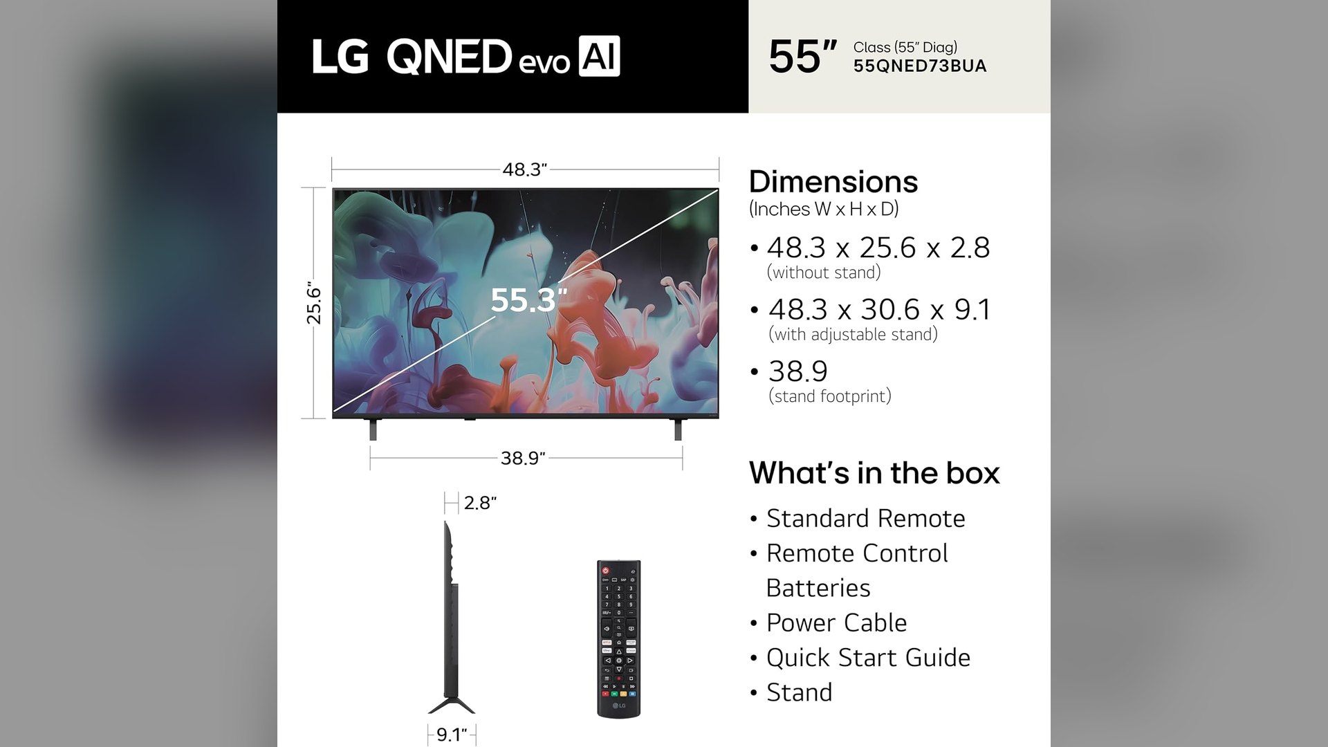 LG 55QNED73BUA dimensions diagram with stand and accessories