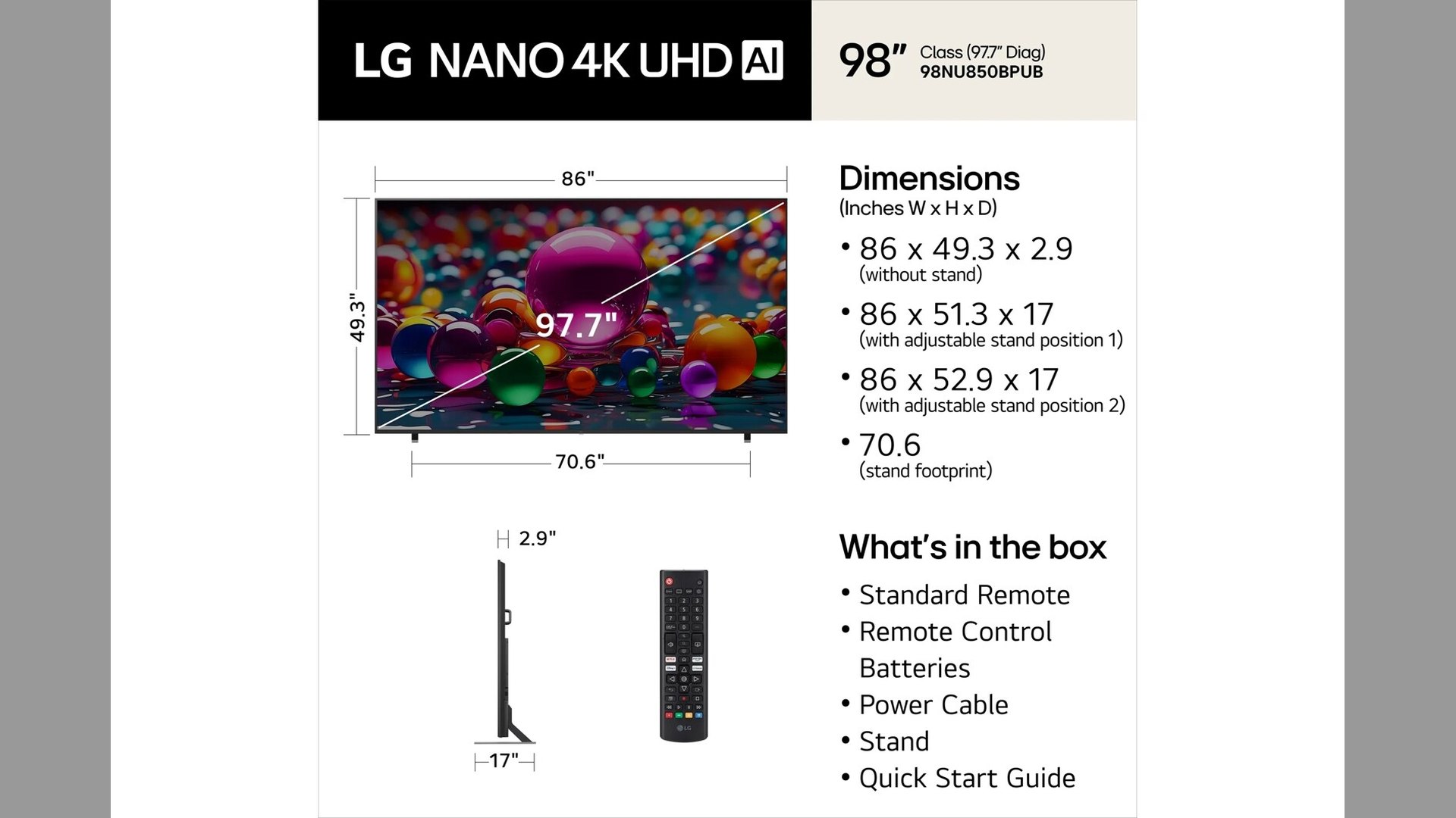 LG dimensions diagram for the 98-inch NU85 with the in-box contents listed