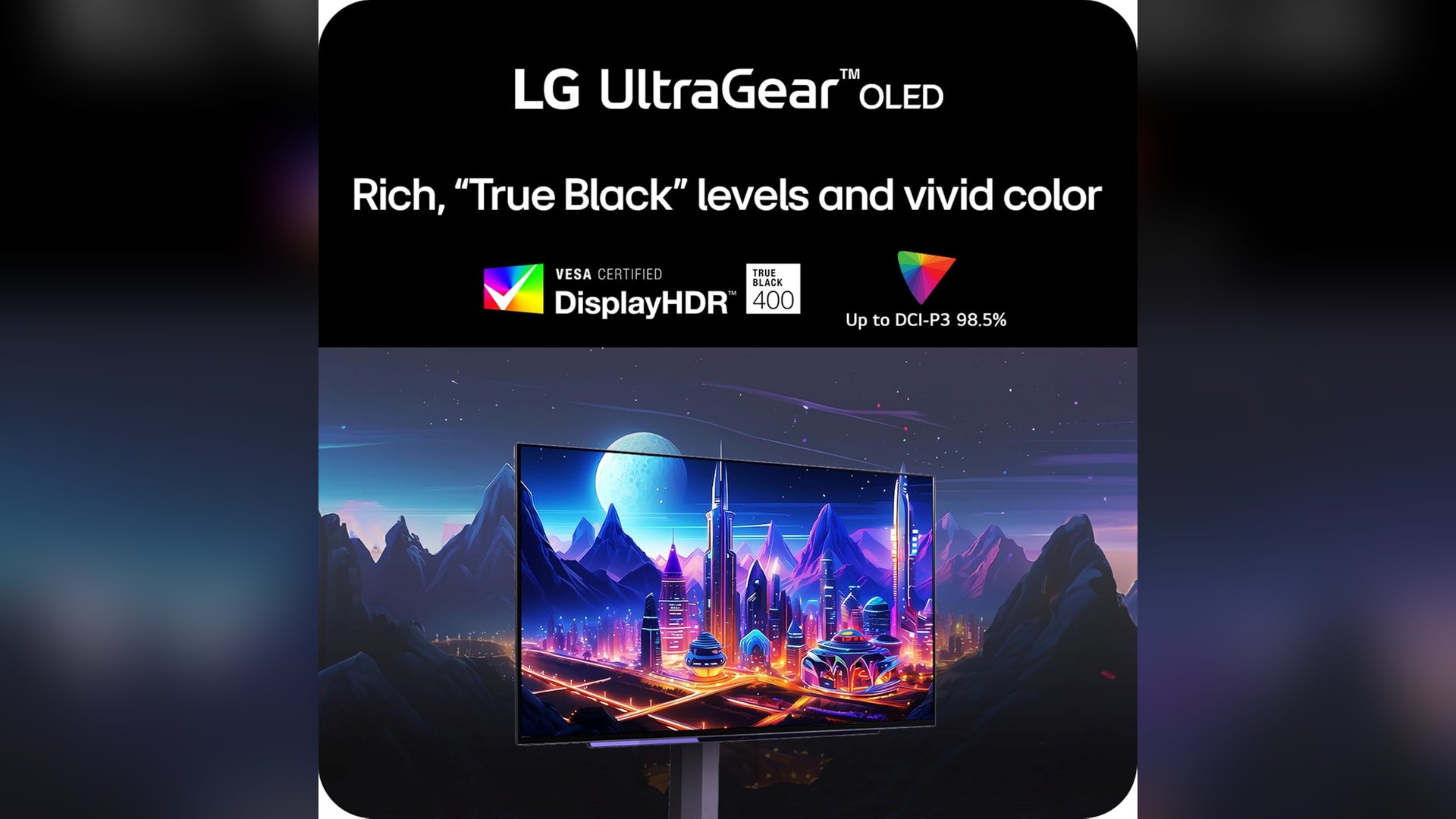 Marketing image showing the monitor's DisplayHDR True Black 400 and DCI-P3 badges