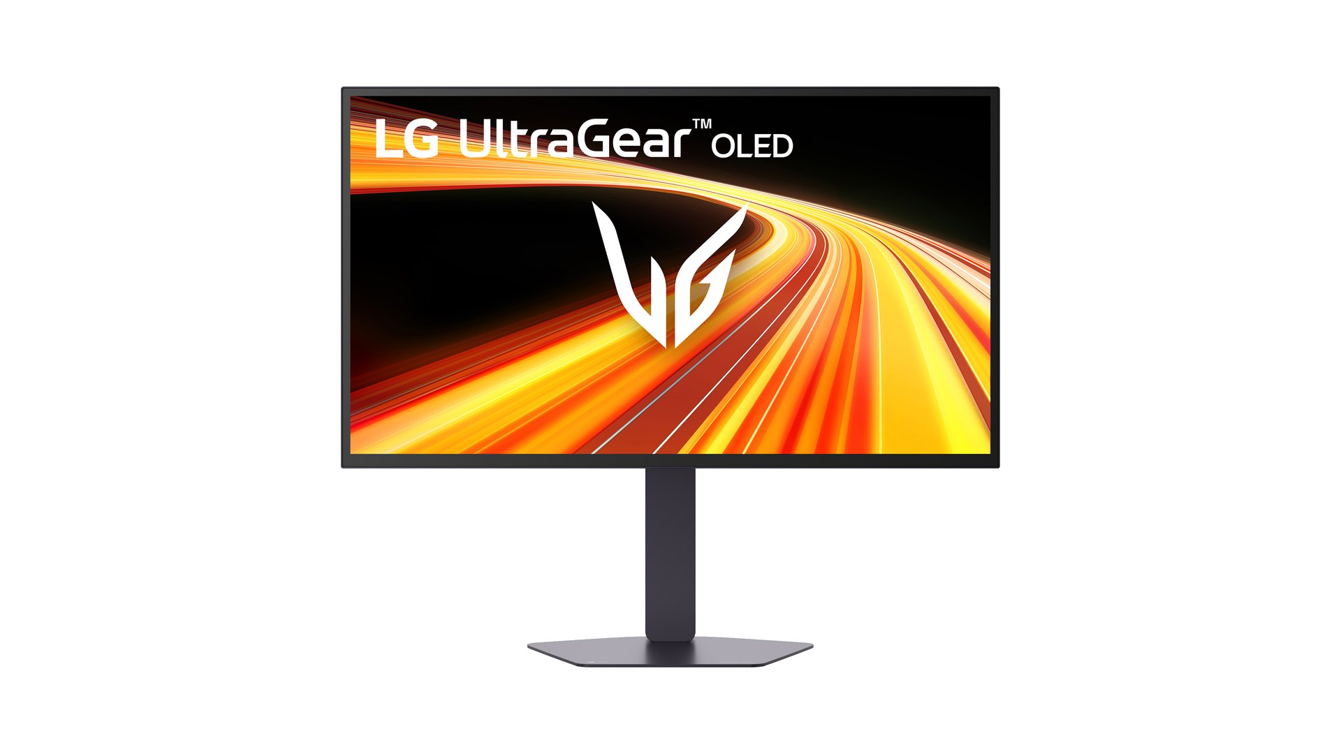 LG UltraGear 27GX790B-B OLED gaming monitor seen from the front on its stand