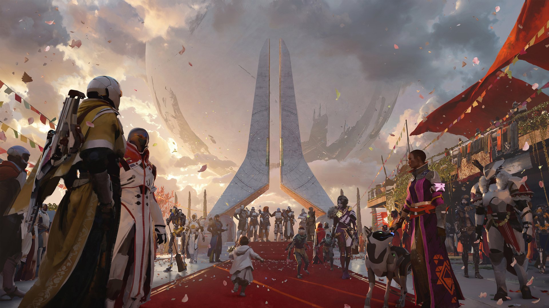 Guardians and citizens gathered on a red carpet in front of a large monument