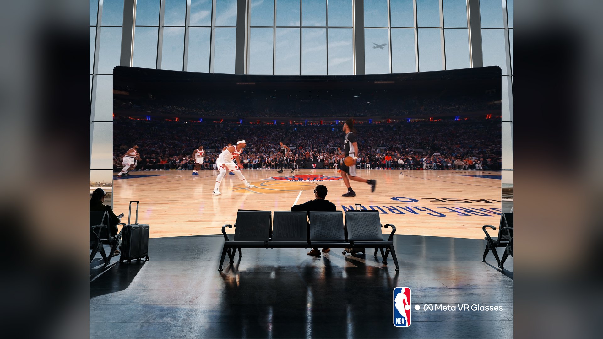 Person wearing Meta VR Glasses watching a virtual NBA game